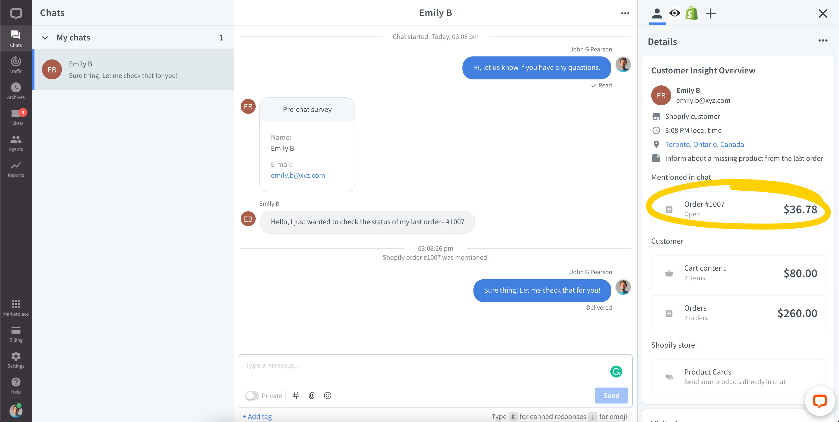 Customer’s Details with the oreder mentioned by the customer in chat.