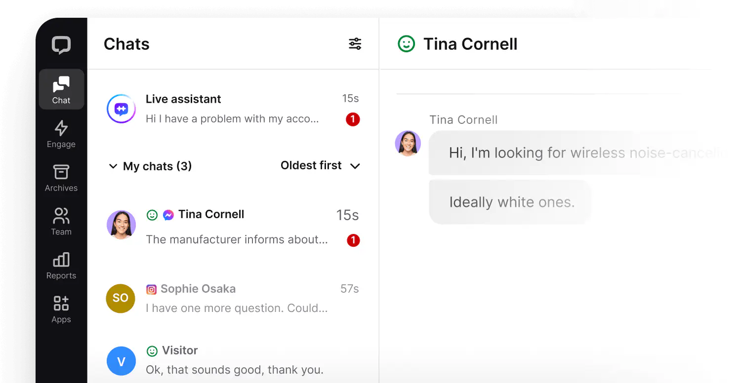 The chat tab inside the LiveChat app. This is a communication hub where your agents and managers can chat with customers, with all chat and customer details in the sidebars.