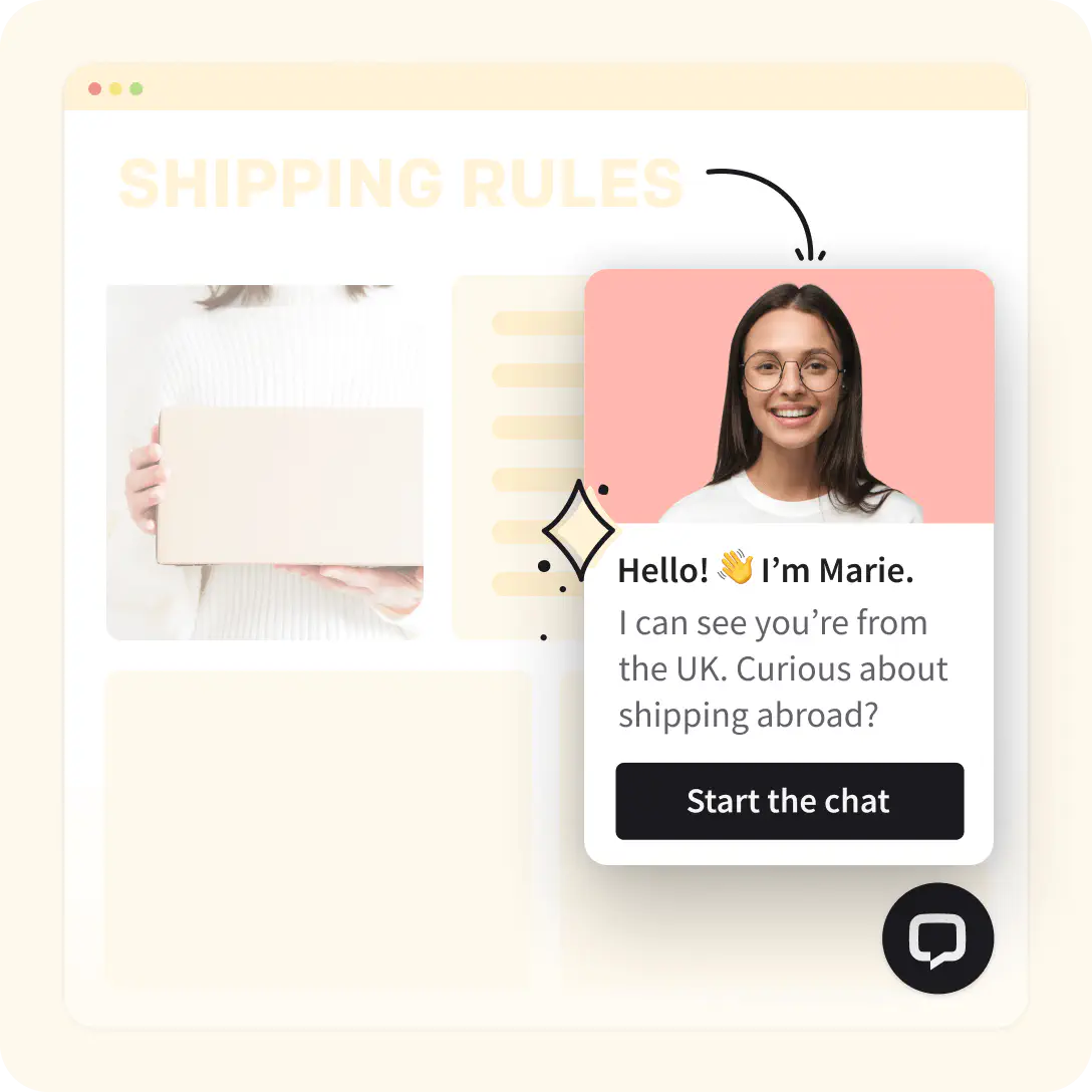 Automated message with location detection for online shop visitors in LiveChat application popup screenshot