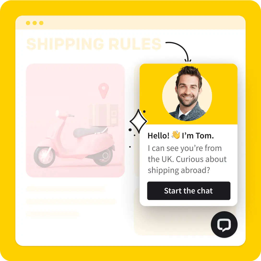 Visualization of automated message with location detection for online shop visitors in LiveChat application popup