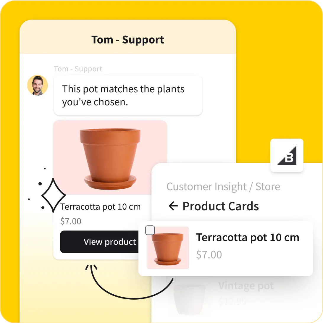 Screenshot of in-chat recommendation with dedicated e-commerce product card in the LiveChat widget on a mobile device