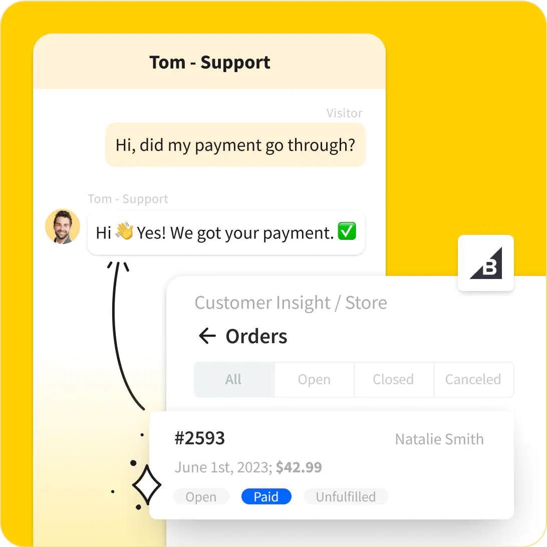 Screenshots of mobile devices with LiveChat Widget showing customer order history in the LiveChat window