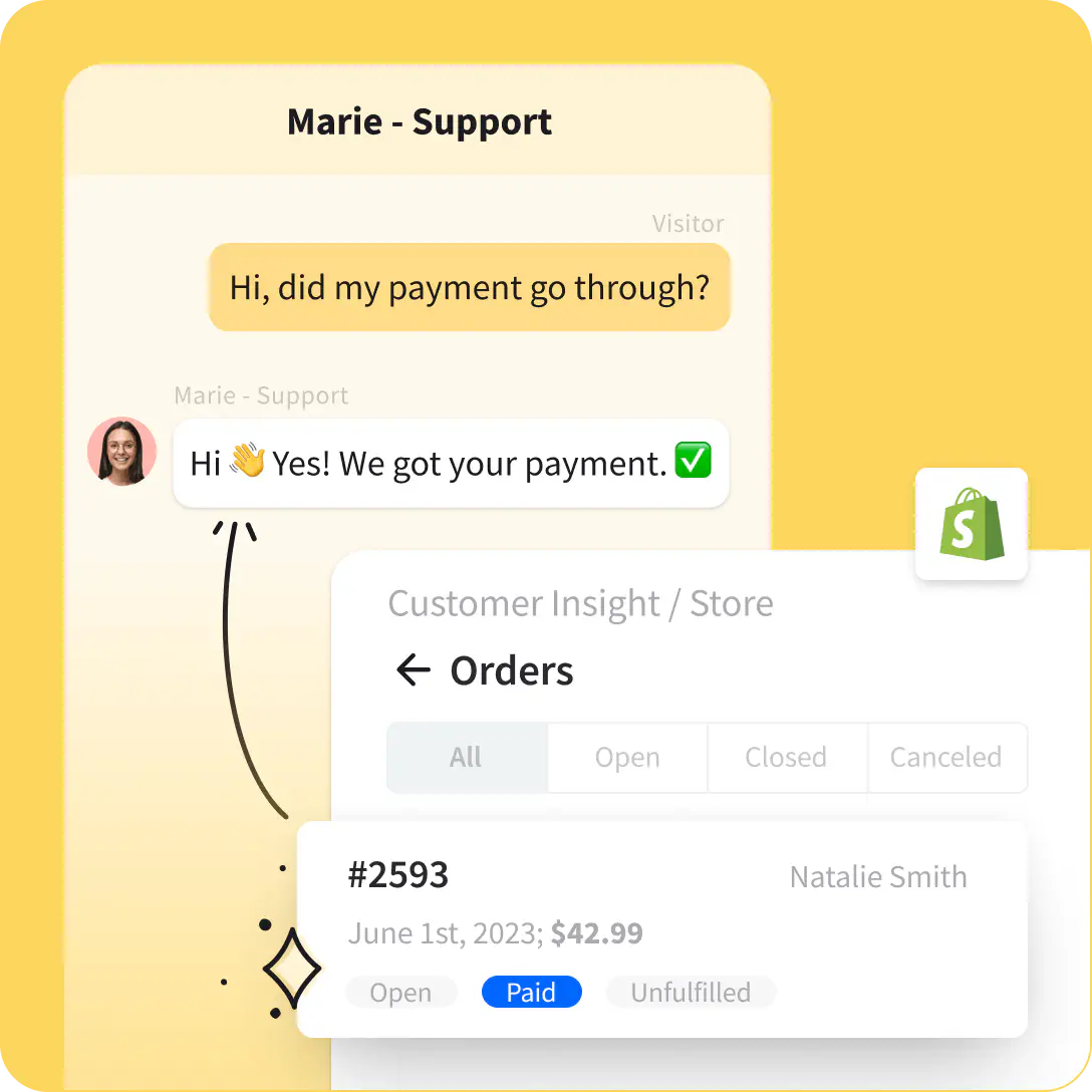 Screenshots of mobile device with LiveChat Widget showing customer order history in the LiveChat window