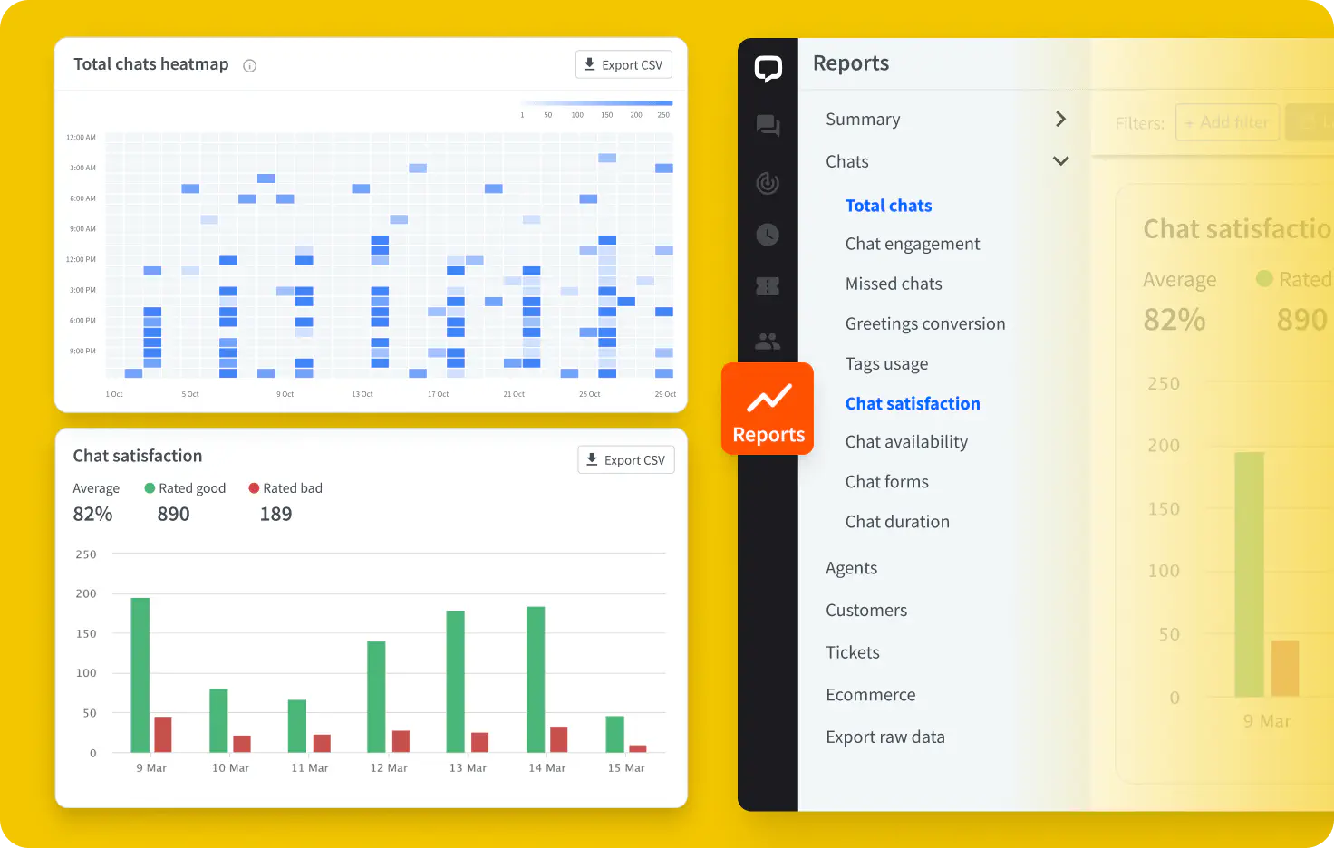 Desktop screenshots of Reports Functionality in the LiveChat application